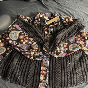 POL Multi Color Mineral Wash Black and Paisley Floral Knit Cardigan